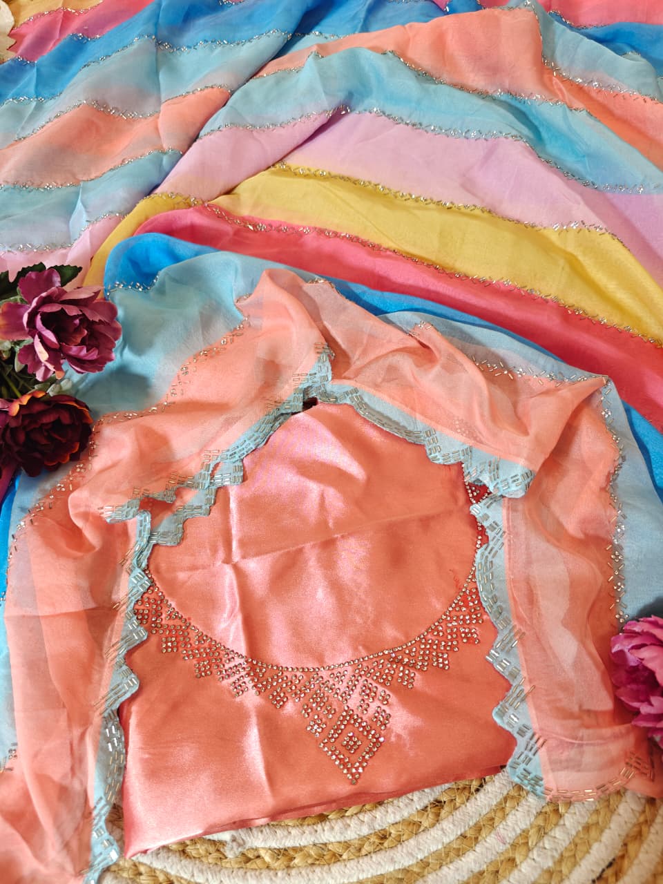 Multicolor Light Rainbow Tabby Silk Saree with Zarkhan Work