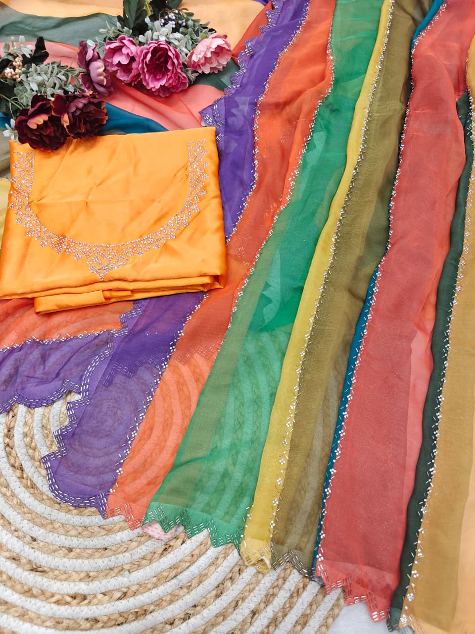 Multicolor Rainbow Tabby Silk Saree with Zarkhan Work