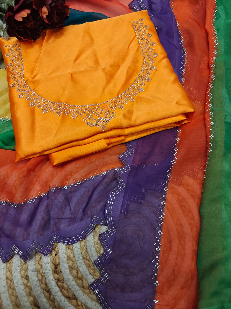 Multicolor Rainbow Tabby Silk Saree with Zarkhan Work