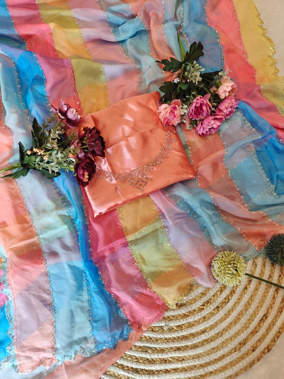 Multicolor Light Rainbow Tabby Silk Saree with Zarkhan Work