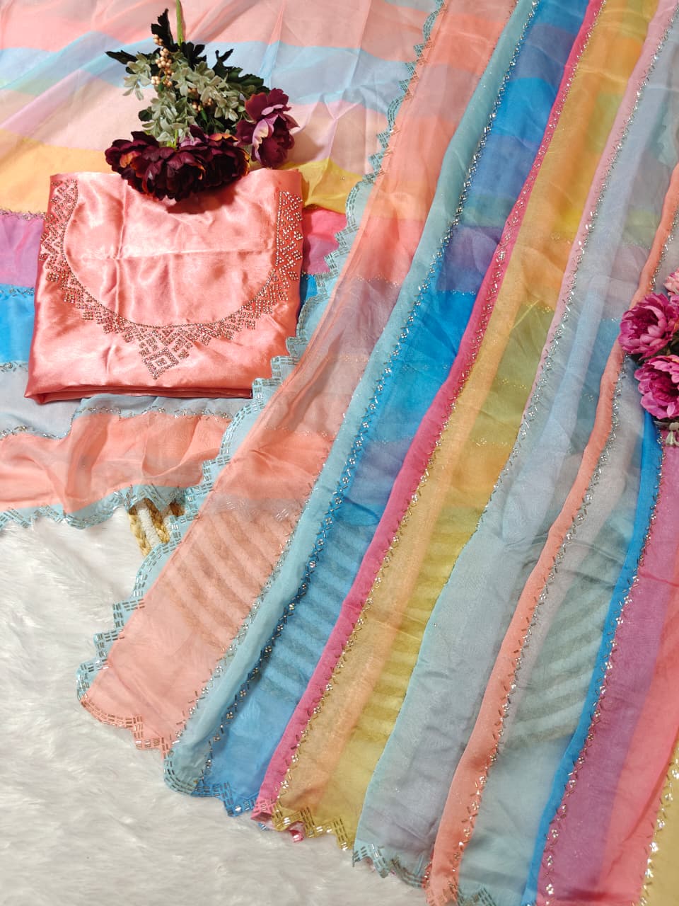 Multicolor Light Rainbow Tabby Silk Saree with Zarkhan Work