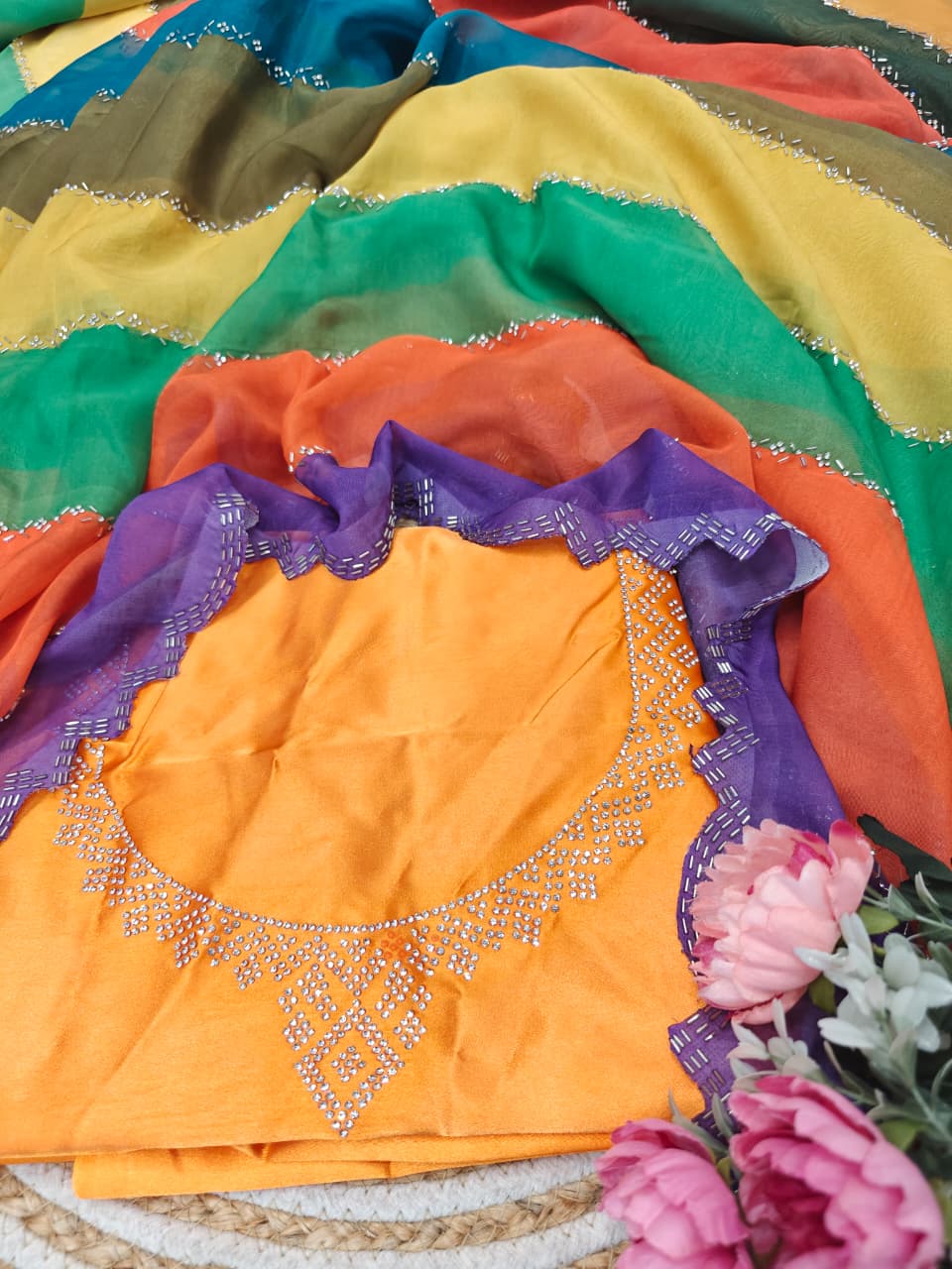 Multicolor Rainbow Tabby Silk Saree with Zarkhan Work