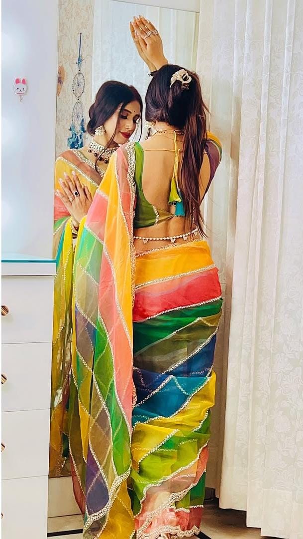 Multicolor Rainbow Tabby Silk Saree with Zarkhan Work