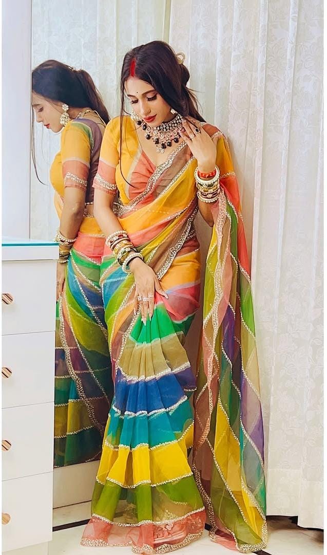 Multicolor Rainbow Tabby Silk Saree with Zarkhan Work