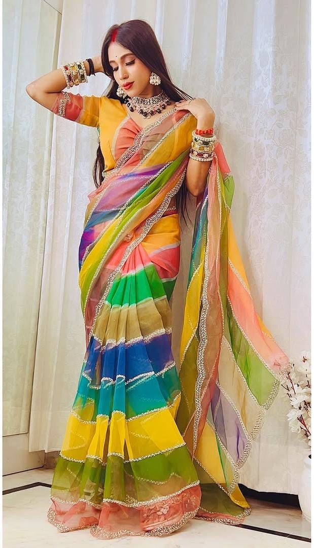 Multicolor Rainbow Tabby Silk Saree with Zarkhan Work