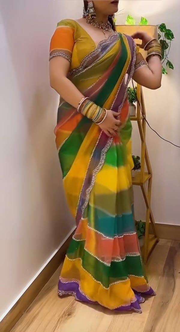 Multicolor Rainbow Tabby Silk Saree with Zarkhan Work