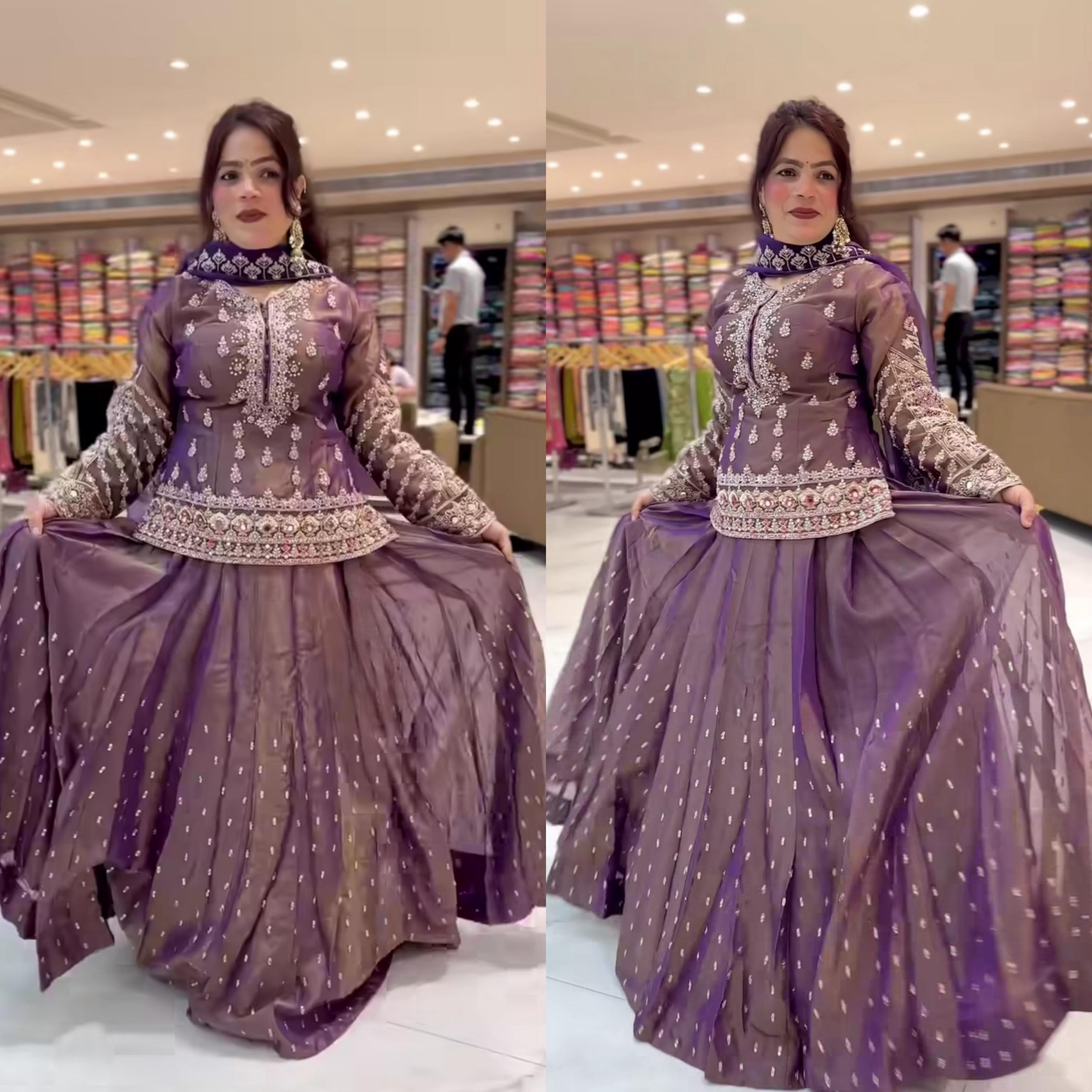 Handcrafted Embroidered Peplum Top with Flared Lehenga and Dupatta Set (For Size Details See Description)