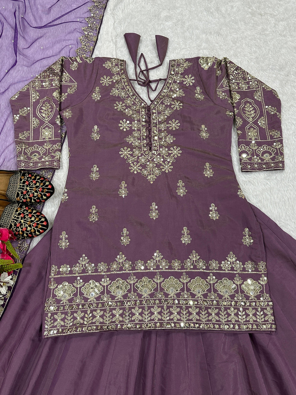 Handcrafted Embroidered Peplum Top with Flared Lehenga and Dupatta Set (For Size Details See Description)