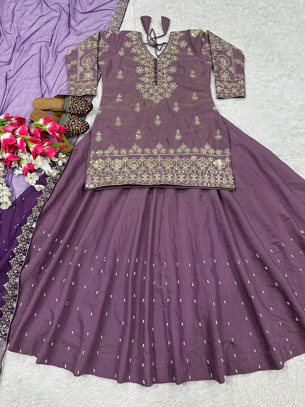 Handcrafted Embroidered Peplum Top with Flared Lehenga and Dupatta Set (For Size Details See Description)