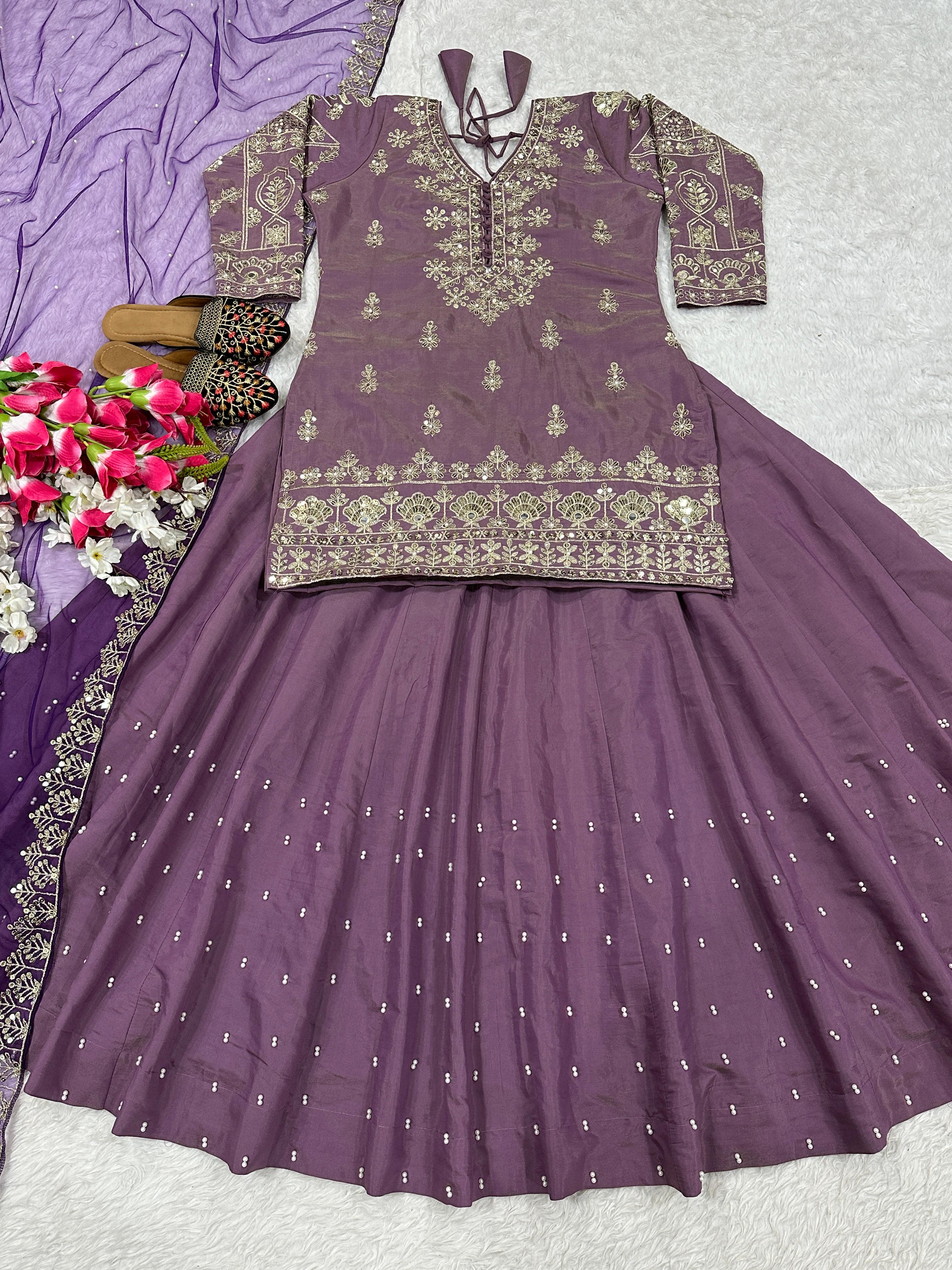 Handcrafted Embroidered Peplum Top with Flared Lehenga and Dupatta Set (For Size Details See Description)