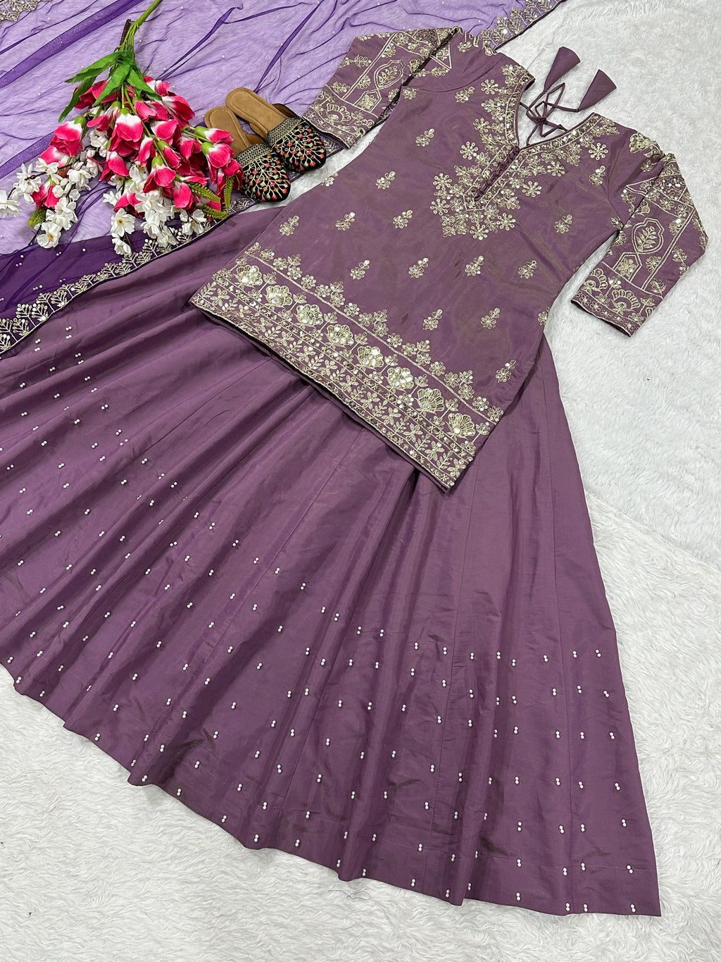Handcrafted Embroidered Peplum Top with Flared Lehenga and Dupatta Set (For Size Details See Description)