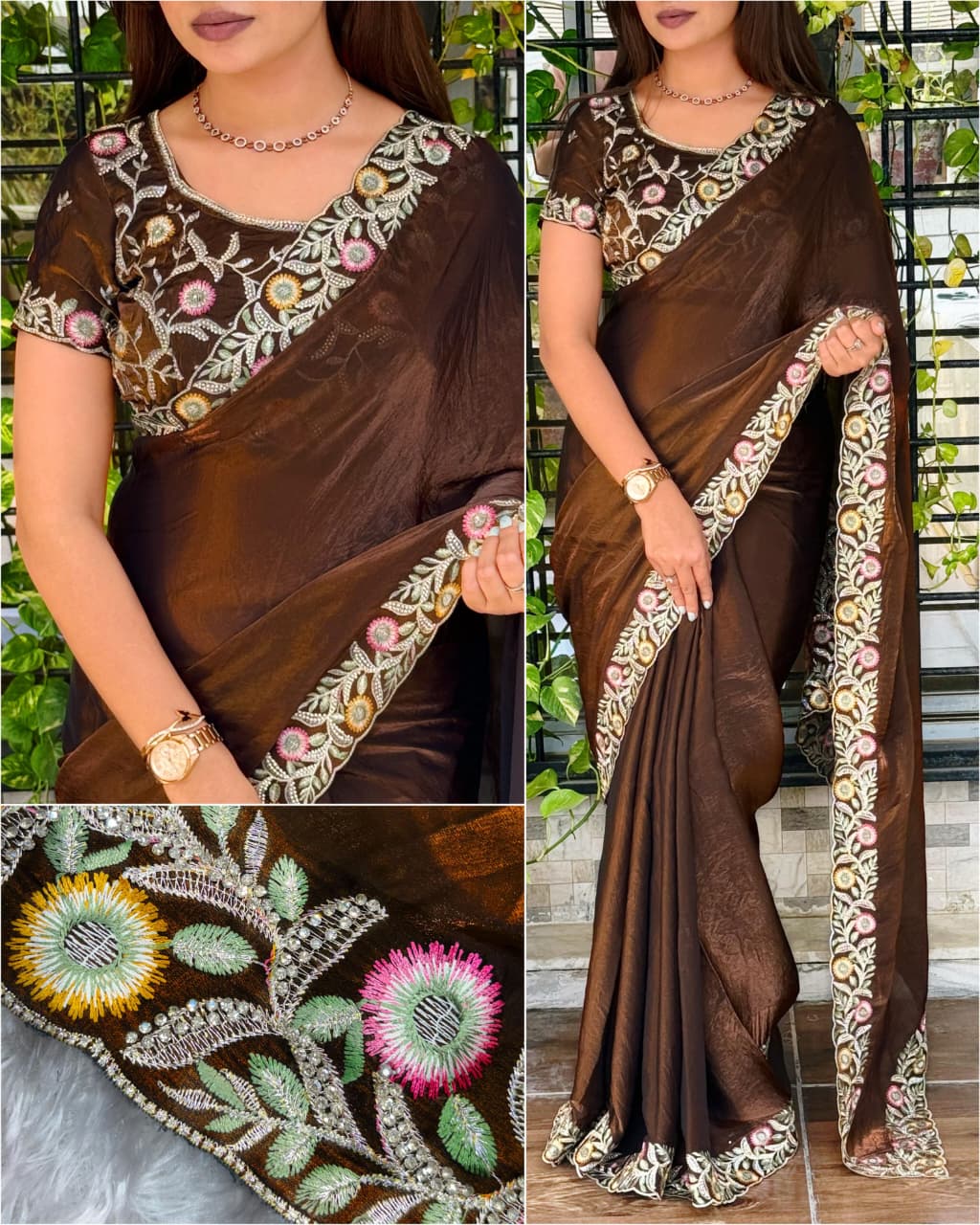 Fandy Satin Saree with Intricate Zari and Swarovski Handwork