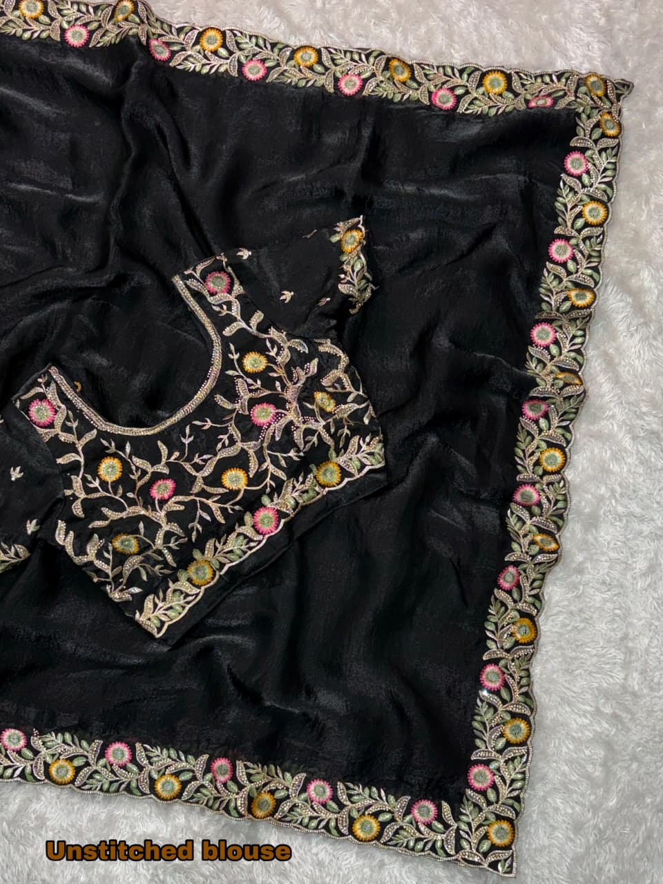 Fandy Satin Saree with Intricate Zari and Swarovski Handwork