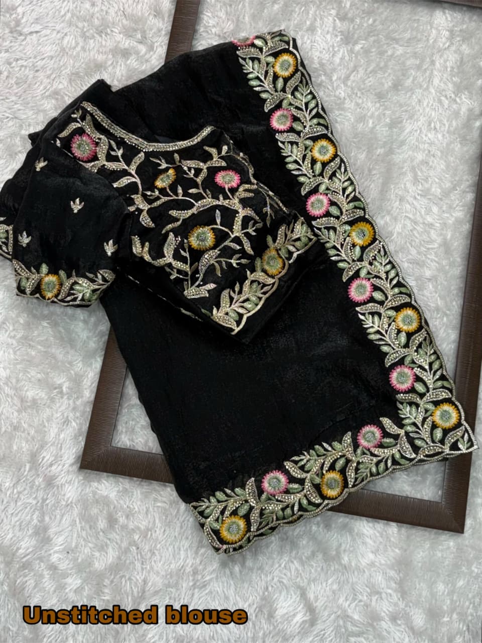 Fandy Satin Saree with Intricate Zari and Swarovski Handwork