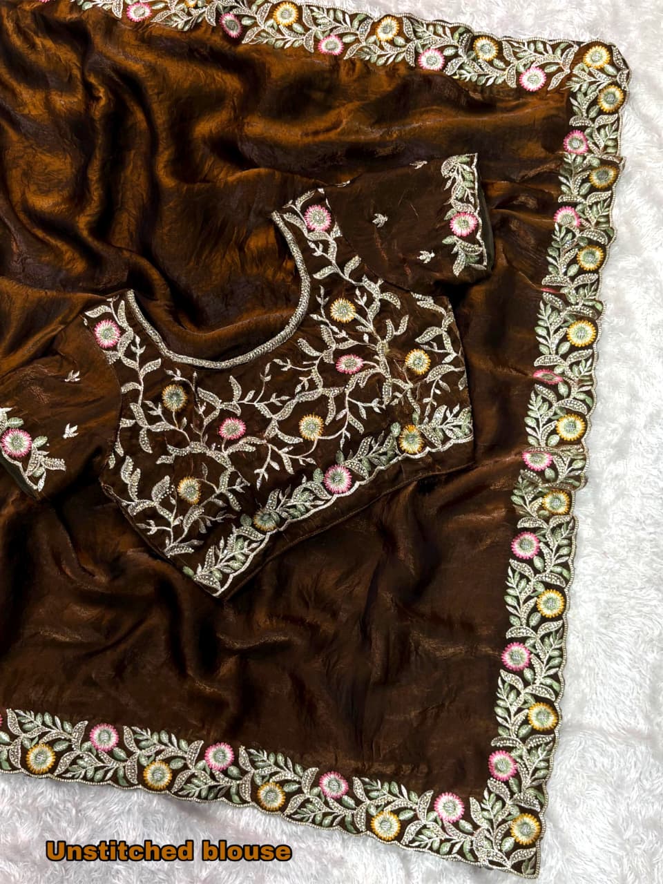 Fandy Satin Saree with Intricate Zari and Swarovski Handwork