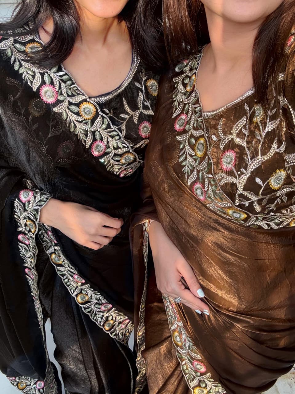 Fandy Satin Saree with Intricate Zari and Swarovski Handwork