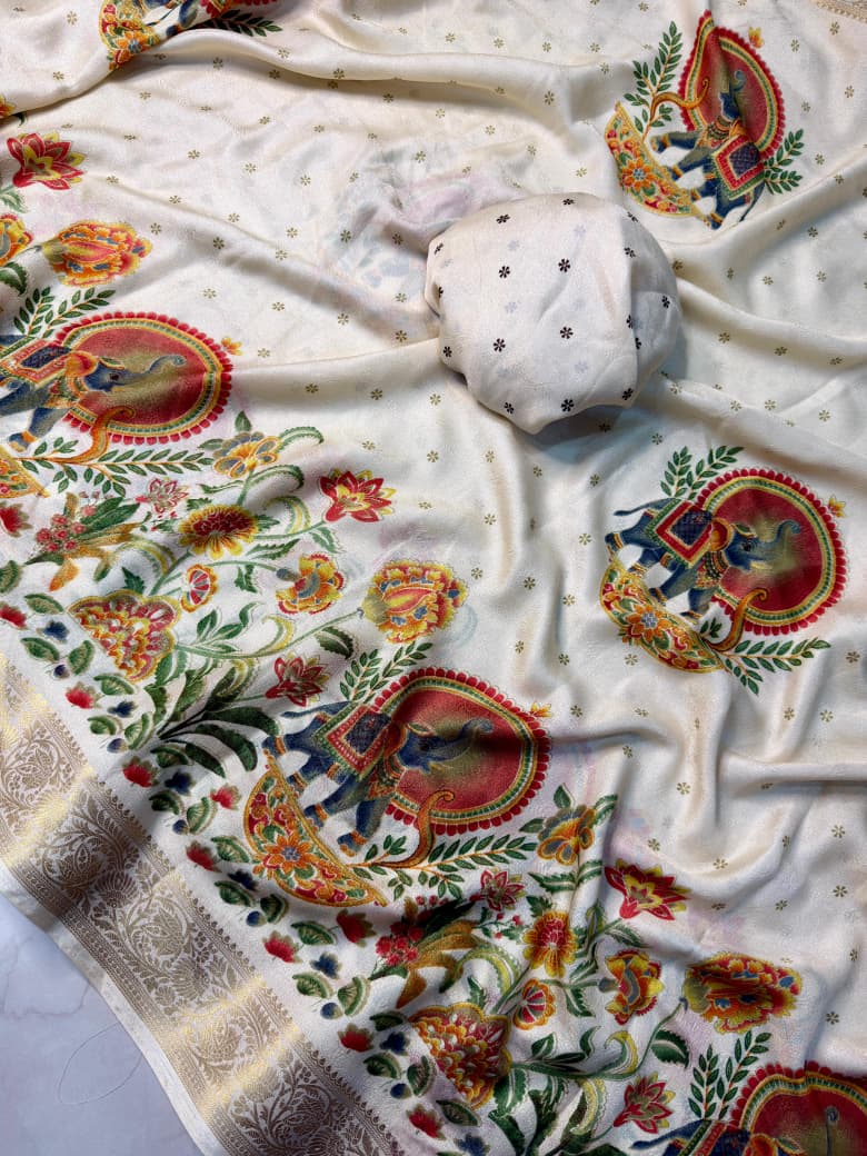 Mysore Ajarakh Crepe Silk Uniform Saree with Meenakari Elephant Motifs
