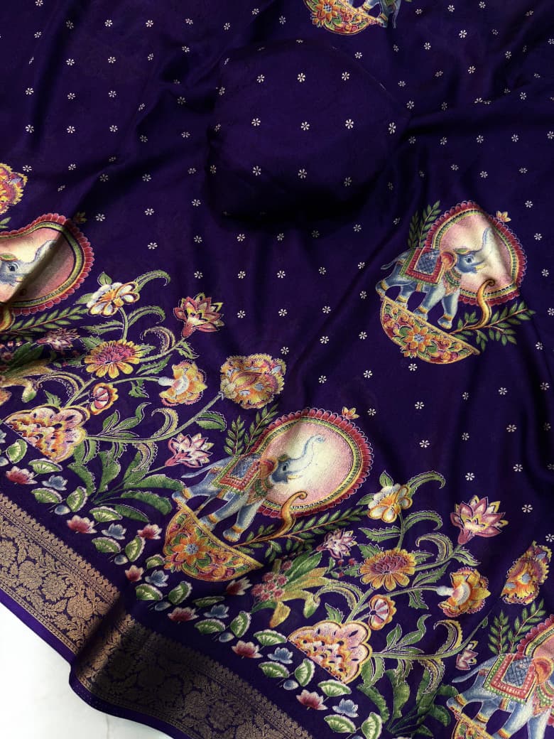 Mysore Ajarakh Crepe Silk Uniform Saree with Meenakari Elephant Motifs
