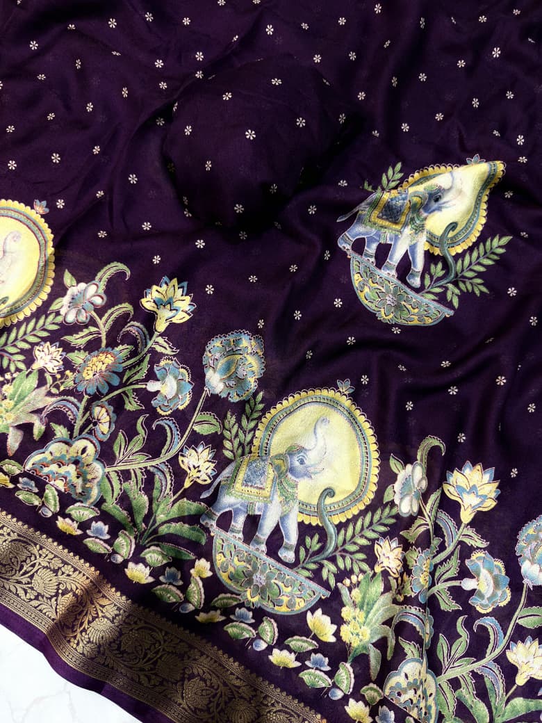 Mysore Ajarakh Crepe Silk Uniform Saree with Meenakari Elephant Motifs