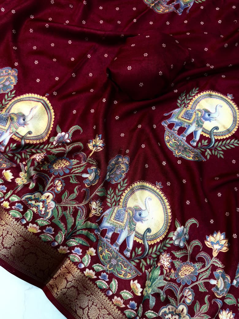 Mysore Ajarakh Crepe Silk Uniform Saree with Meenakari Elephant Motifs