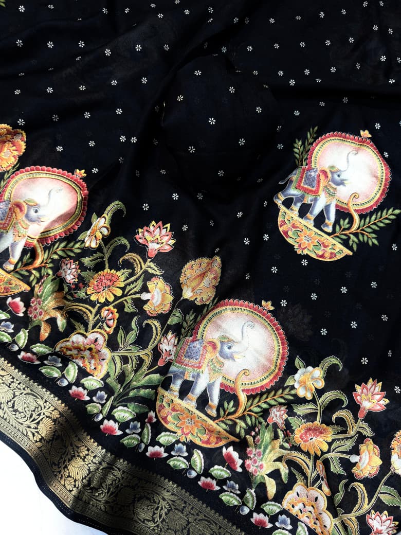 Mysore Ajarakh Crepe Silk Uniform Saree with Meenakari Elephant Motifs