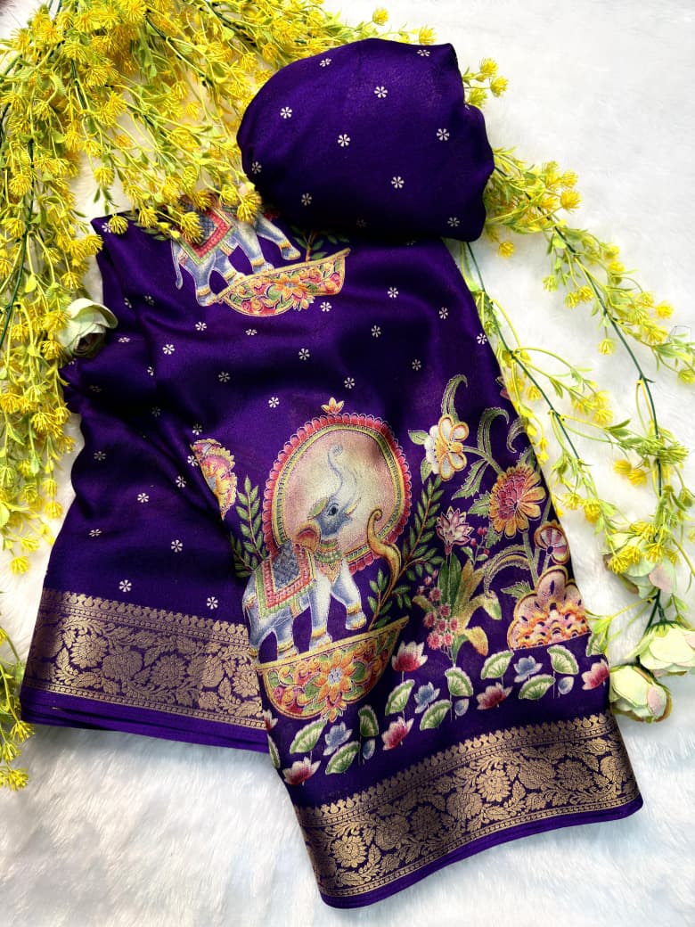 Mysore Ajarakh Crepe Silk Uniform Saree with Meenakari Elephant Motifs