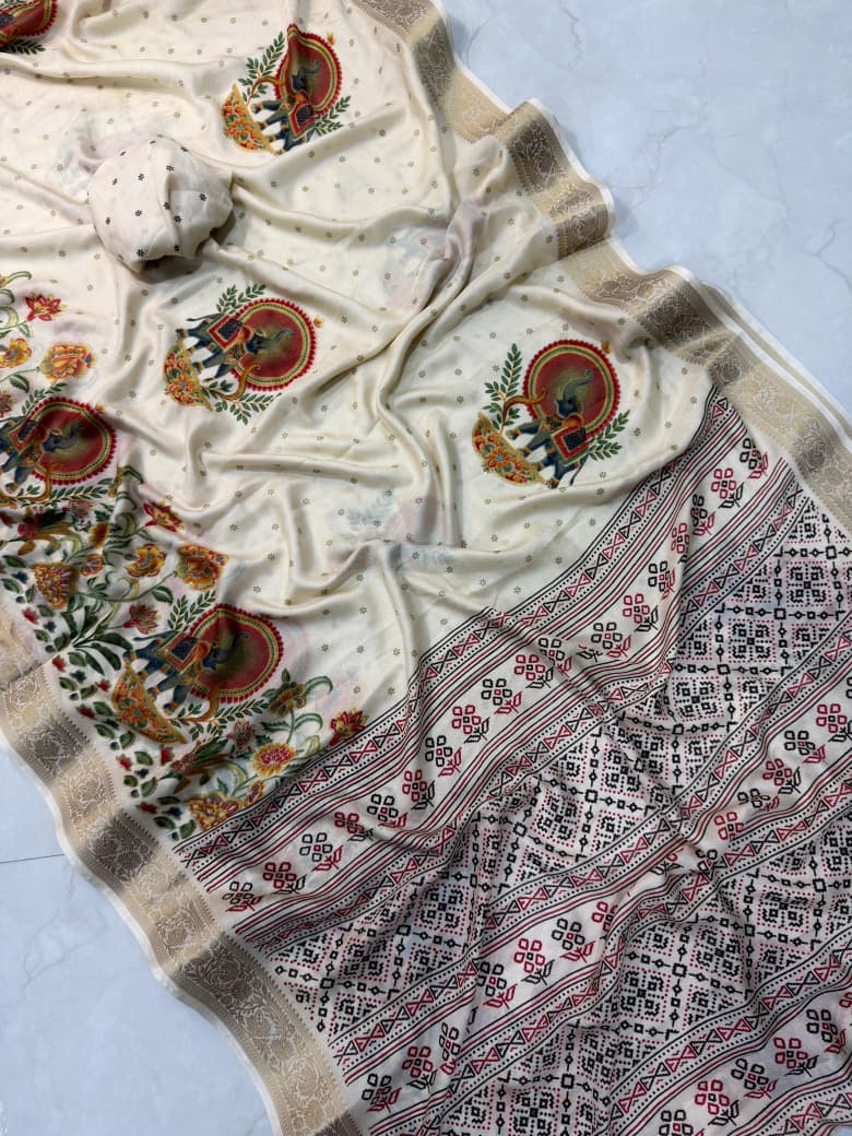 Mysore Ajarakh Crepe Silk Uniform Saree with Meenakari Elephant Motifs