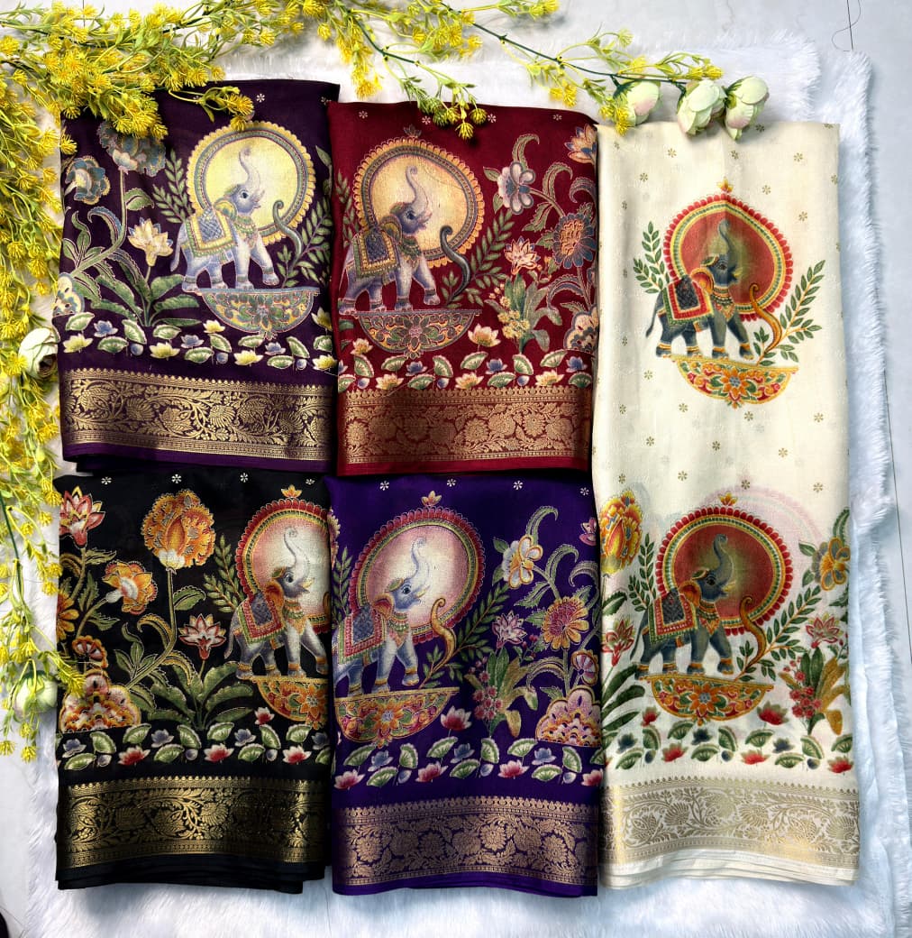 Mysore Ajarakh Crepe Silk Uniform Saree with Meenakari Elephant Motifs