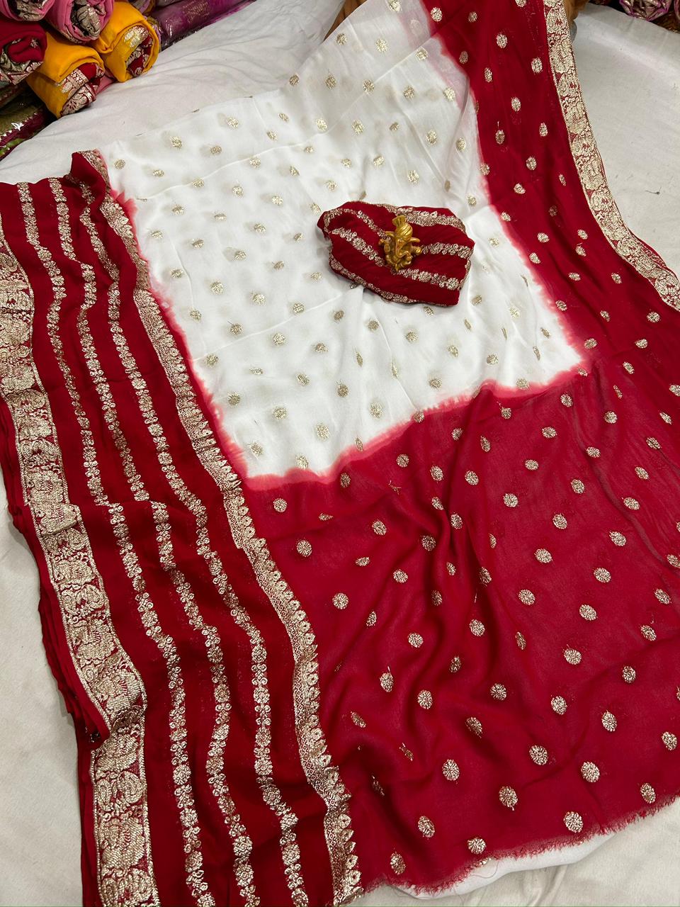 Pure Jaipuri Viscose Georgette Saree with Zari Butta and Tie-Dye Pallu