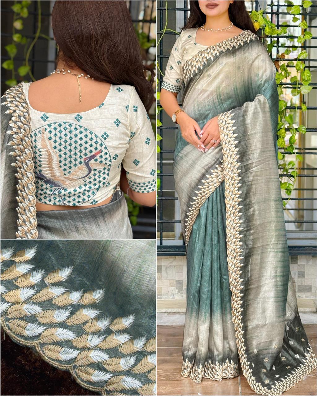 Flamingo Tussar Silk Saree with Shaded Digital Print & Thread Feather Embroidery