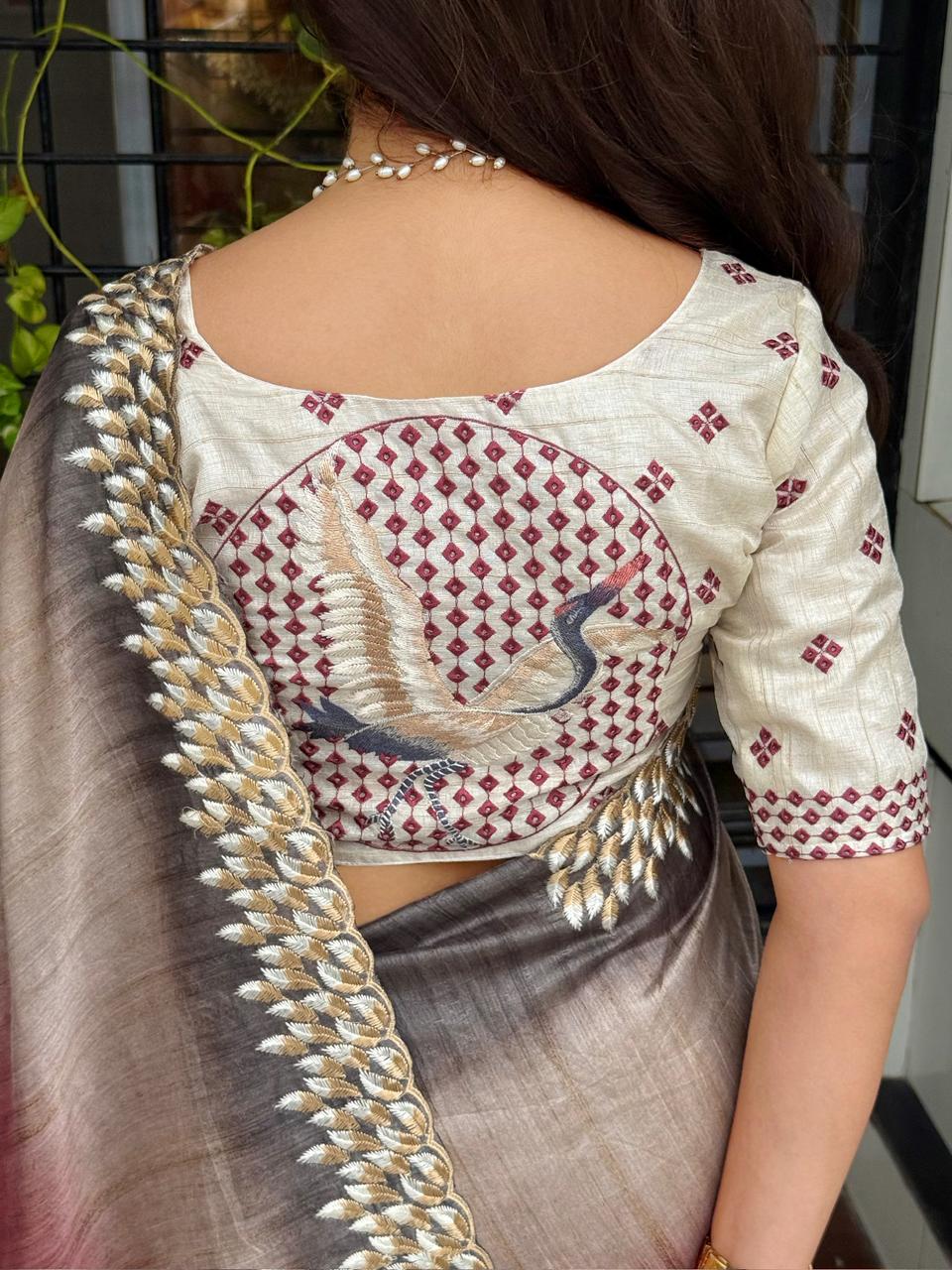 Flamingo Tussar Silk Saree with Shaded Digital Print & Thread Feather Embroidery