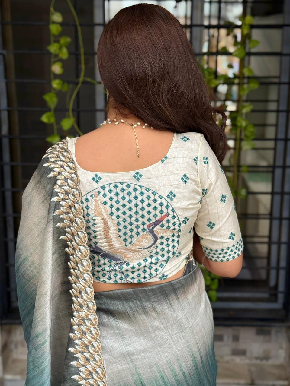 Flamingo Tussar Silk Saree with Shaded Digital Print & Thread Feather Embroidery