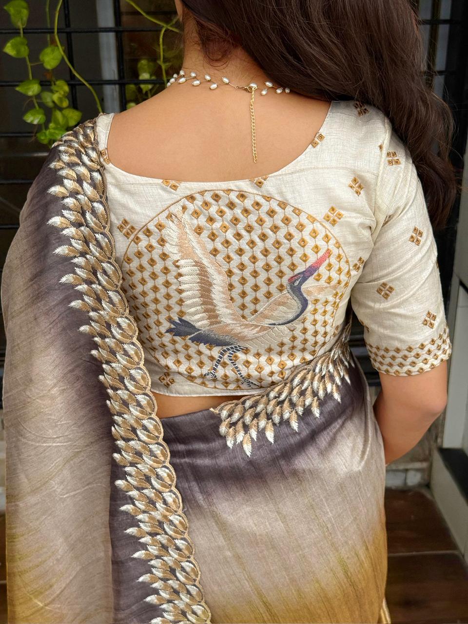 Flamingo Tussar Silk Saree with Shaded Digital Print & Thread Feather Embroidery