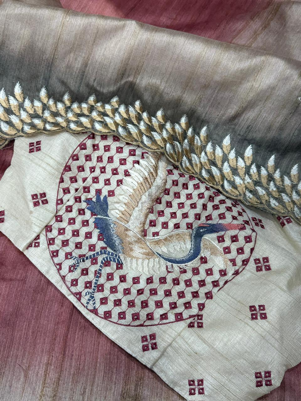 Flamingo Tussar Silk Saree with Shaded Digital Print & Thread Feather Embroidery