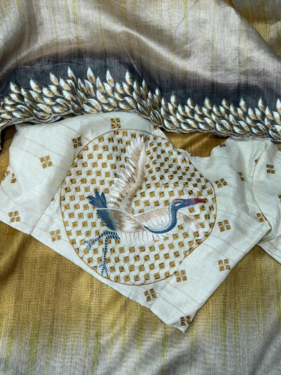Flamingo Tussar Silk Saree with Shaded Digital Print & Thread Feather Embroidery