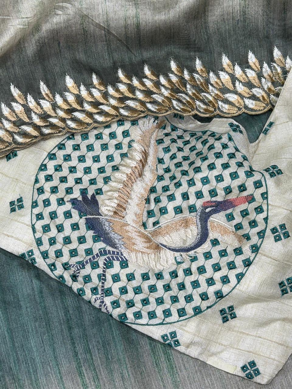 Flamingo Tussar Silk Saree with Shaded Digital Print & Thread Feather Embroidery