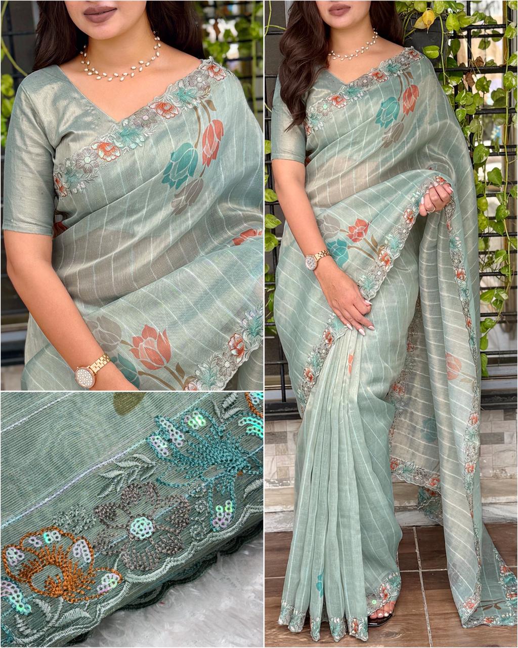 "Kaisha" Sea Green Glass Tissue Organza Saree with Floral Embroidery