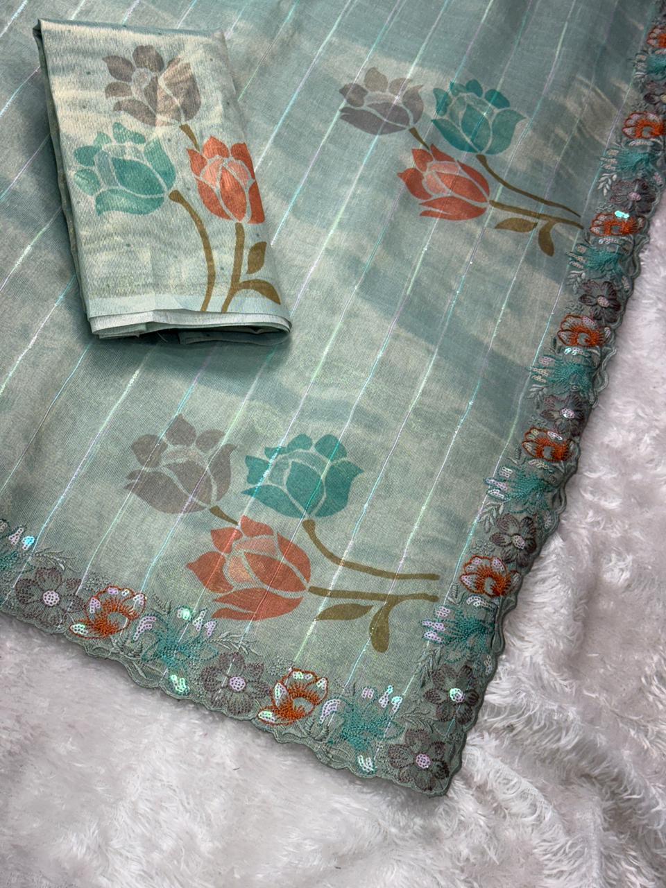 "Kaisha" Sea Green Glass Tissue Organza Saree with Floral Embroidery