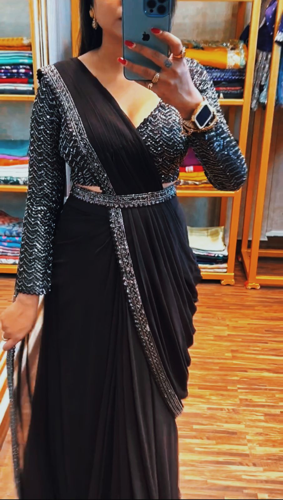 New Super Trending Black Embroidery Sequence Work Ready To Wear Saree