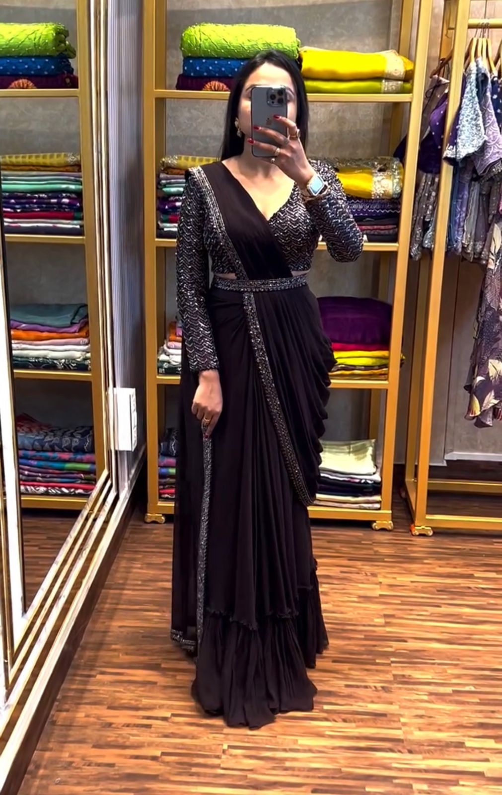 New Super Trending Black Embroidery Sequence Work Ready To Wear Saree