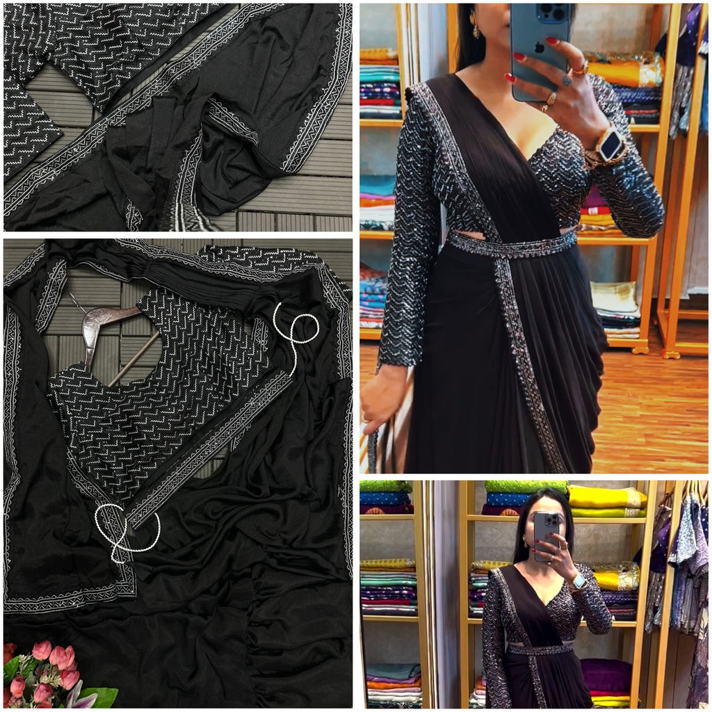 New Super Trending Black Embroidery Sequence Work Ready To Wear Saree