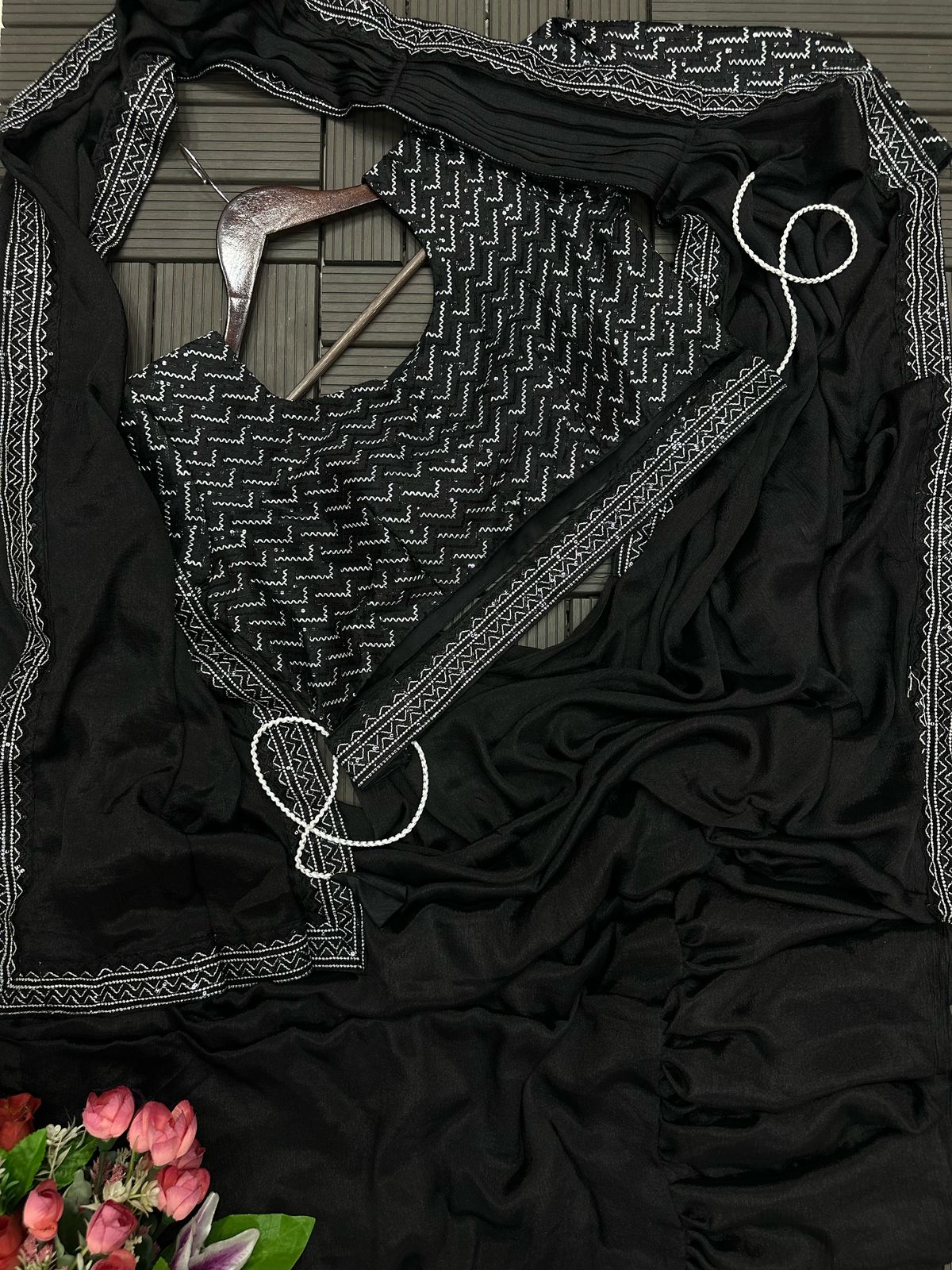 New Super Trending Black Embroidery Sequence Work Ready To Wear Saree