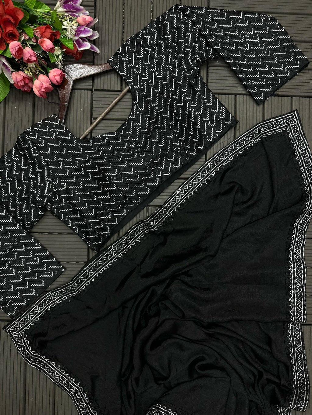 New Super Trending Black Embroidery Sequence Work Ready To Wear Saree
