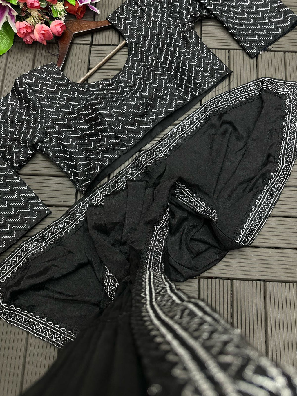 New Super Trending Black Embroidery Sequence Work Ready To Wear Saree