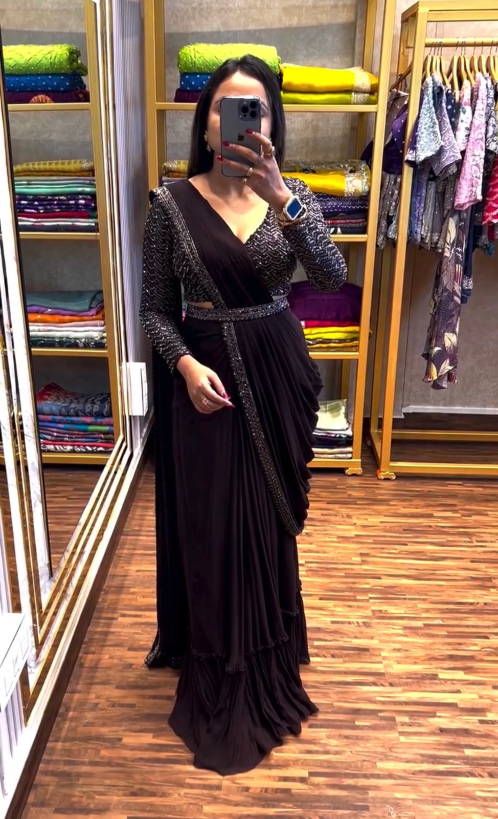 New Super Trending Black Embroidery Sequence Work Ready To Wear Saree