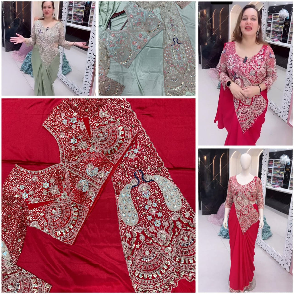 Buy New Super Trending Embroidery Sequence Work Ready To Wear Saree With Embroidery Blouse