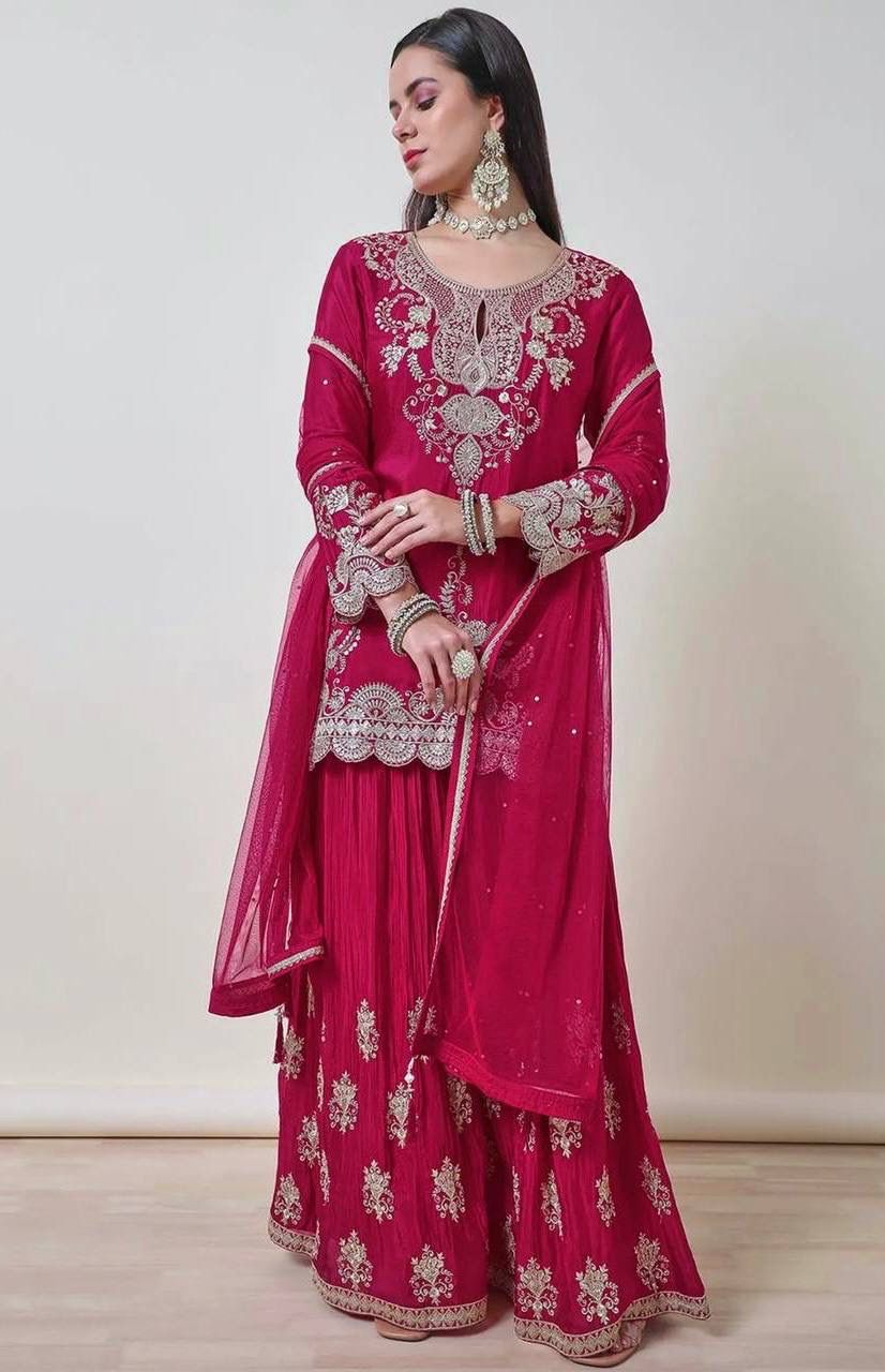 NEW READY TO WEAR COLLECTION 3 PIECE FANCY KURTI WITH BEAUTIFUL FLAIRED PLAZZO AND DUPATTA
