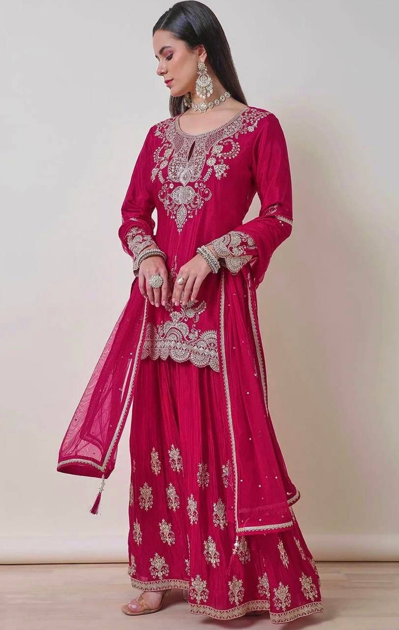 NEW READY TO WEAR COLLECTION 3 PIECE FANCY KURTI WITH BEAUTIFUL FLAIRED PLAZZO AND DUPATTA