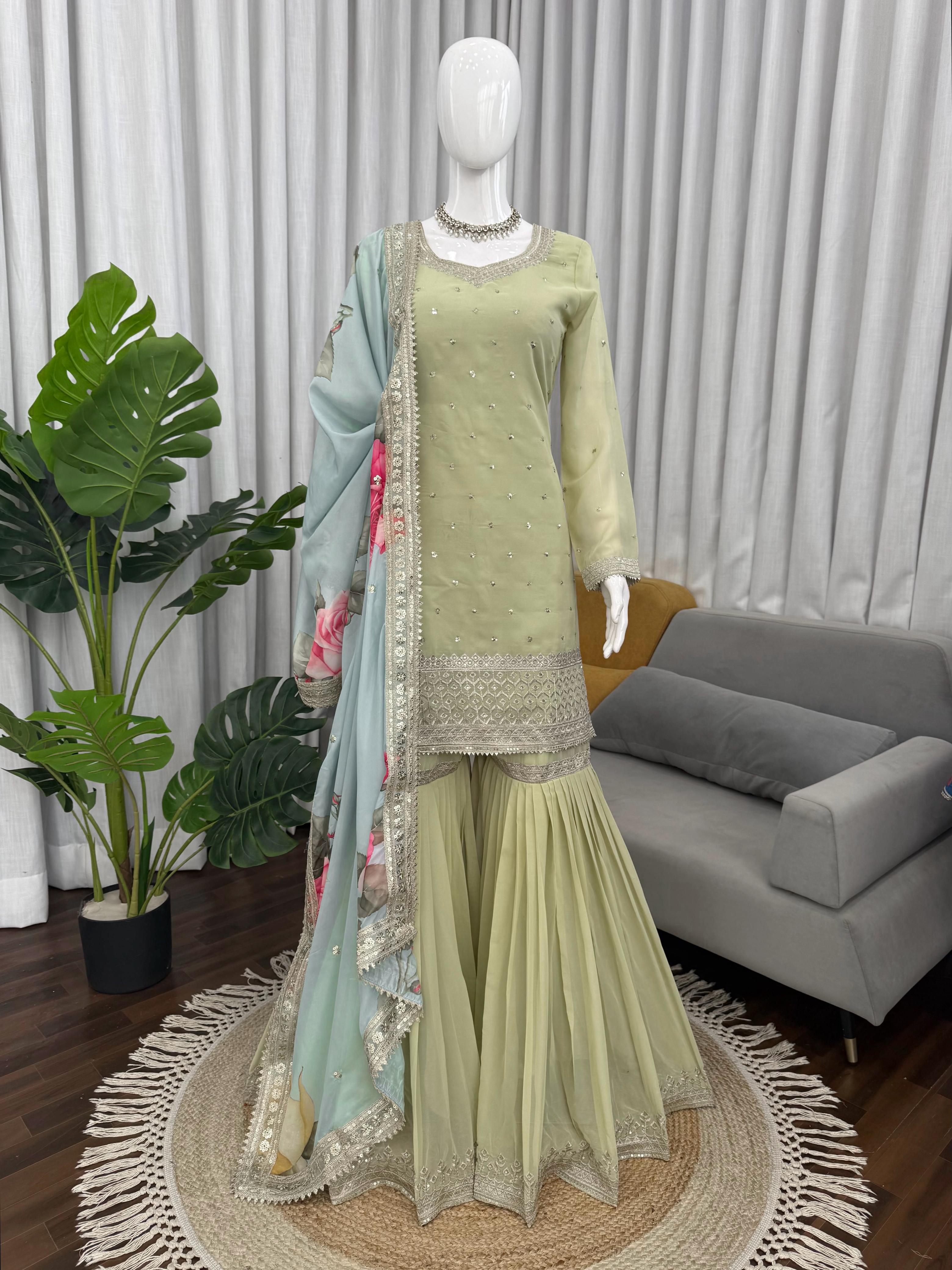 Designer Sharara Set Crafted In Classy Tones With Premium Fabric & Detailing
