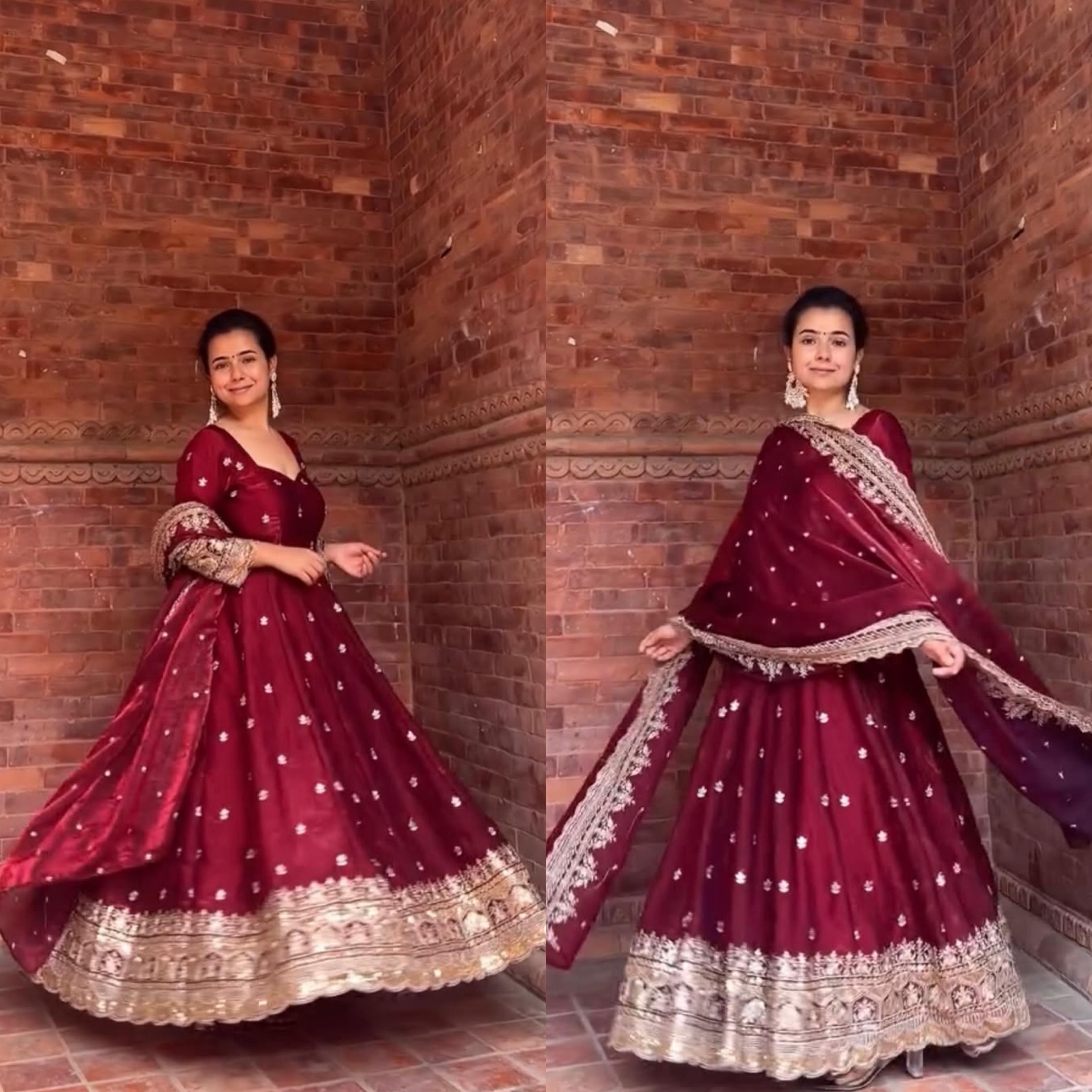 Embroidered Pure Fendy Silk Anarkali: Referring To The Heavy Silk-Style Fabric And Gold Zari/Sequin Work